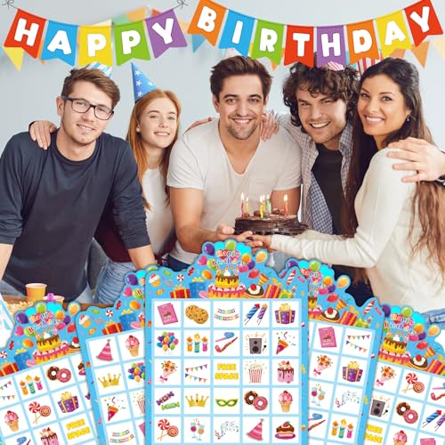 Blosssound 24 Players Birthday Bingo Games Happy Birth Day Bingo Cards for Adults Fun Birthday Party Game Family Activities Party Favors for Family Large Group Classroom - style: Birthday