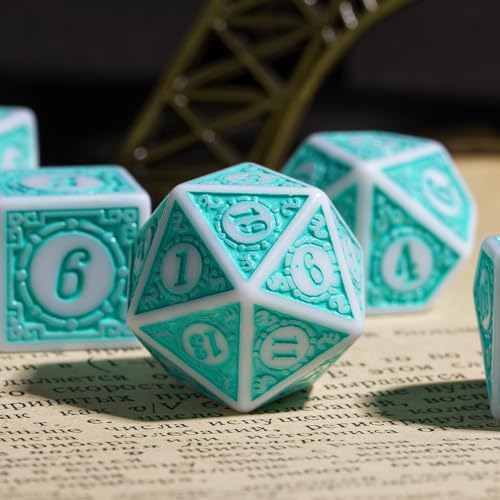 7PCs DND Dice Set, Unique Window Lattice Pattern D&D Dice Set with Leather Dice Bag, Polyhedral Dice for RPG, Table Games (Cyan/White) - color: Cyan With White Edge