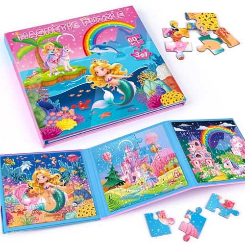 Mermaid Princess Unicorn Magnetic Puzzles for Toddlers 3-5 Girls, 3x20 Travel Puzzles for Toddlers 4-6 Montessori Preschool Learning Activities, Ideal Road Trip Activities Toys for 3 4 5 6 Girls - style: Princess 60Pcs