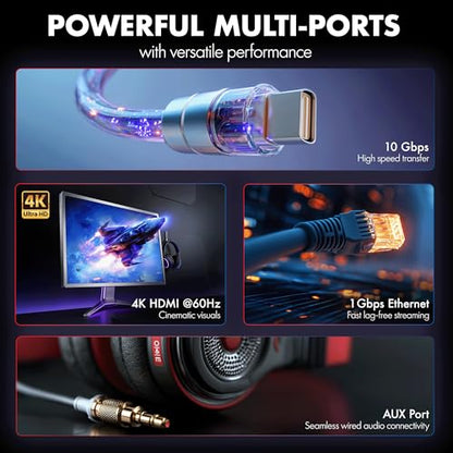 Type C 12 in 1 Wozoyo Docking Station, 4K@60Hz HDMI, Gigabit Ethernet 2XType-C 10Gbps, USB 10 Gbps, PD 100WUSB 2.0, AUX & MIC, SD/TF, Compatible Thunderbolt 4, macOS, Windows, Android & iOS - style: 12-in-1