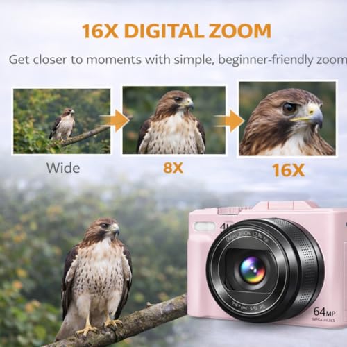 Acuvar 4K Digital Camera for Photography, 64MP Vlogging Camera with Flip Screen, WiFi, Wide Angle Lens, 16X Zoom, Compact Camera for YouTube, Travel, Beginners with 64GB Card - style: Starter Camera Kit