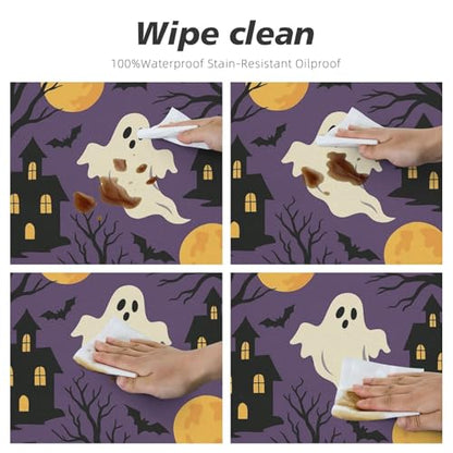 Famame Ghost Castle Purple Halloween Round Fitted Tablecloth with Elastic Protector Table Kitchen Dinner Waterproof Oil-Proof Table Covers Fits 40"-44", Small - color: Ghost Castle Purple Halloween, size: Small (40"-44")