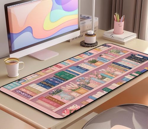 Cute Bookshelf Deskmat, Pink Desk Pad Mousepad XXL, Game Pad, Large Office Desk Keyboard Mat, Anti Slip Rubber Base and Sewn Edge Mouse Mat, Beautiful Reading Space Desktop Decor 31.5"X15.7" - color: Pink Bookshelf