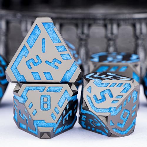 Metal DND Sci-fi Dice Set 7PCS Luminous Orange Stripe Polyhedral Dice for Dungeons Dragons RPG Role Playing Game, Glitter D and D Dice with Gift Box D6 D8 D10 D12 D20 - color: Nightlight - Blue