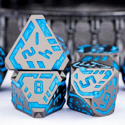 Metal DND Sci-fi Dice Set 7PCS Luminous Orange Stripe Polyhedral Dice for Dungeons Dragons RPG Role Playing Game, Glitter D and D Dice with Gift Box D6 D8 D10 D12 D20 - color: Nightlight - Blue