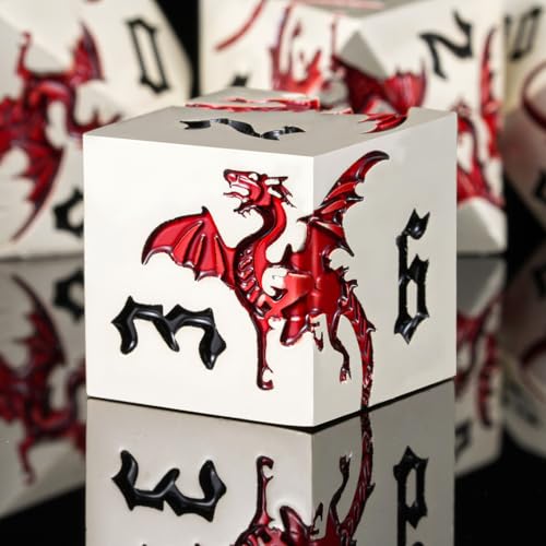 Dungeons and Dragons Dice D&D Metallic Dragon Sharp Edged Dice Set with Box, Polyhedral DND Role Playing Game D and D Dice Set D20 D12 D10 D8 D6 D4 - color: Dragon-pearl Silver Transparent Red