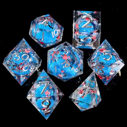 Sharp Edge Dice Set D&D Dice Resin Iridecent Mylar Galaxy D D Dice for RPG Role Playing Compatible with DND (Blue Quicksand + Plum Blossoms) - color: Blue Quicksand Plum Blossoms