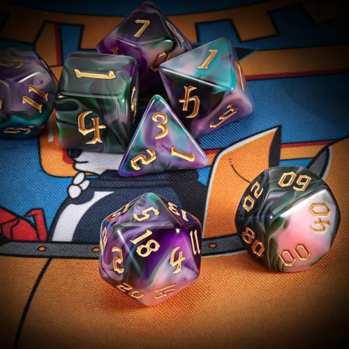 QMAY DND Dice Set -D&D Polyhedral Dice (7 Pcs) for Dungeons and Dragons (Purple Green Four Colors) - color: Purple Green Four Colors
