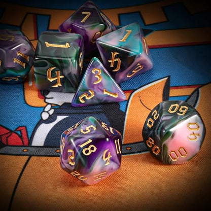 QMAY DND Dice Set -D&D Polyhedral Dice (7 Pcs) for Dungeons and Dragons (Purple Green Four Colors) - color: Purple Green Four Colors