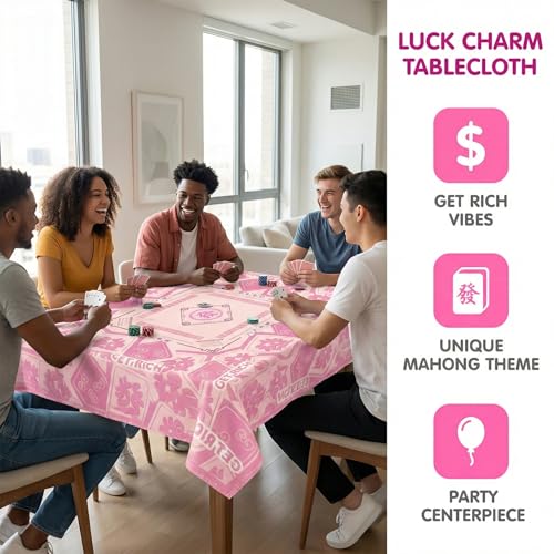 Mahjong Tablecloth Florals Card Table Cloth 55x 55 Inch Square Tablecloth Game Table Cover with Game Rules for Mahjong Beginners, Card, Board Tile Games (Pink)