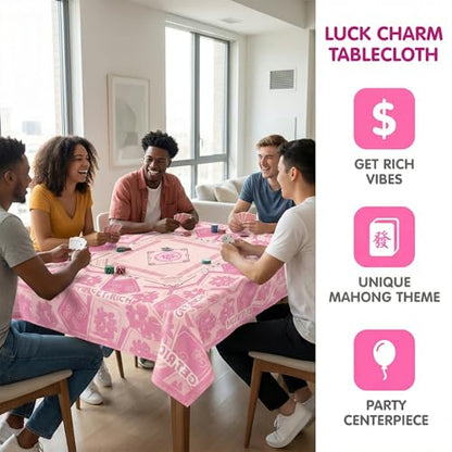 Mahjong Tablecloth Florals Card Table Cloth 55x 55 Inch Square Tablecloth Game Table Cover with Game Rules for Mahjong Beginners, Card, Board Tile Games (Pink)
