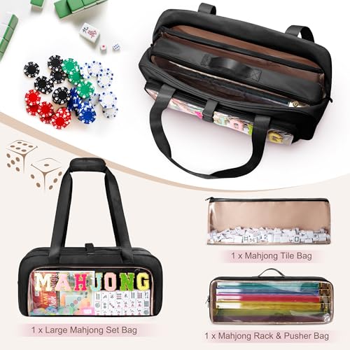 Yarwo 3 PCS Mahjong Bag Empty, Clear American Mahjong Tiles & Rack Bags Set | Zippered Game Storage with Mahjong Mat Strap and Sewn Chenille Letter for Mahjong Tiles, Racks & Pushers, Case Only, Black - color: Black