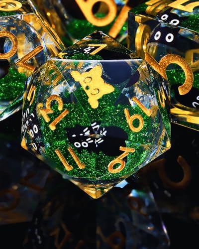 Froggod 싱글 리퀴드 코어 캣 D20 주사위 - DND, RPG, 테이블 탑 게임용 22mm 샤프 엣지 롤 플레잉 주사위 - 20면 레진 D&D 주사위, 캐서드 각인(캣 헤드 그린) - color: 캣 헤드 그린