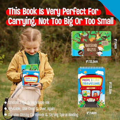 SpriteGru 2 Travel Game Pads, 61 Dry Erase Activities Games Reusable & Erasable Book, Fun Brain Challenge Games Interesting Educational Toy and Learning Tool for Road Trip Airplane Travel - style: Mazes & Fun Games