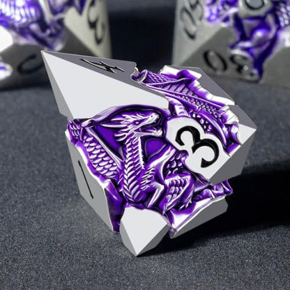 Roycevon Relief Dragon DND Dice Set for Role Playing Game, 7Pcs Metal D&D Dice Set Dungeons Dragons with Gift Box, Polyhedral D and D Dice D20 D12 D10 D8 D6 D4, Purple and Black - color: Purple and Black