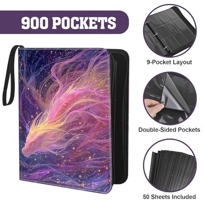 Trading Card Binder 900 Capacity, 50 Double-Sided 9-Pocket Top-Loading, 3-Ring TCG Album for 2.5 x 3.5 Cards, Acid Free PVC Free, Water-Resistant PU with Wrist Strap - Nebula Dragon Design - color: Nebula Dragon