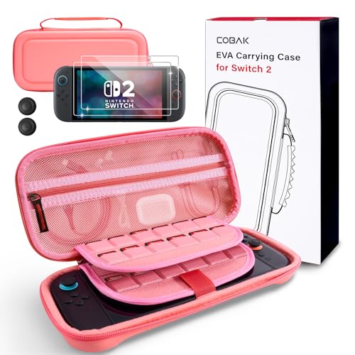 CoBak Large Capacity Carrying Case for Nintendo Switch 2 (2025) | 3 in 1 Accessories Bundle with 2 Screen Protectors, Thumb Grip Caps, 24 Game Cartridges, Hard Shell Portable Travel Pouch - color: Pink, size: 7.9 inch