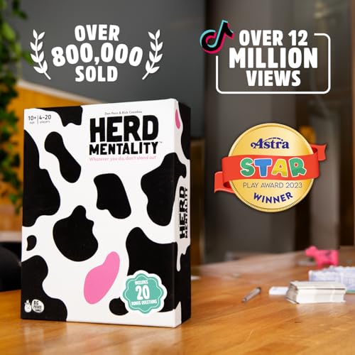 Herd Mentality Udderly Funny Family Board Game, Ages 10+ | Think the Same to Win, Easy & Fun for Big Groups, 4-20 Players, Kids & Adults, Dodge the Pink Cow, Summer Camp Games - style: Herd Mentality - Main Game + Bonus Content