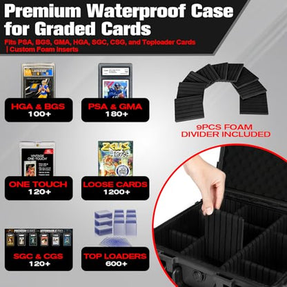 Graded Card Case Storage Box: Trading Card Storage Box with 9 Dividers for PSA BGS SGC Top Loaders Sports Cards, Waterproof Hard Slab Case for Baseball Football Basketball Magnetic Cards (Holds 600+)