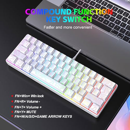 Snpurdiri 60% Wired Gaming Keyboard, 61 Keys RGB Contour Line (White) | Backlit Ultra-Compact Small Gaming Keyboard for PC/Mac Gamer, Typist, Travel, Easy to Carry on Business Trip - color: White(Contour-line)