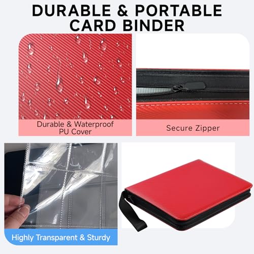 9 Pocket Trading Card Binder, Holds 1080 Cards with 60 Removable Double-Sided Sleeves, Premium Zipper Top Loader Card Collection Album, PU Card Folder Holder for MTG, TCG, Baseball, Sports Cards - color: Red