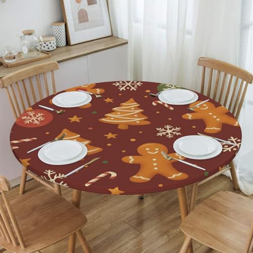 Famame Gingerbread Man Christmas Round Fitted Tablecloth with Elastic Protector Table Kitchen Dinner Waterproof Oil-Proof Table Covers Fits 40"-44", Small - color: Gingerbread Man Christmas, size: Small (40"-44")