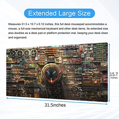 Cyberpunk Mech Desk Mat, Sci-Fi City Large Gaming Mouse Pad | Industrial steampunk city desk pad with thick 3mm cushion, smooth cloth top, and anti-slip backing. - color: Futuristic Art