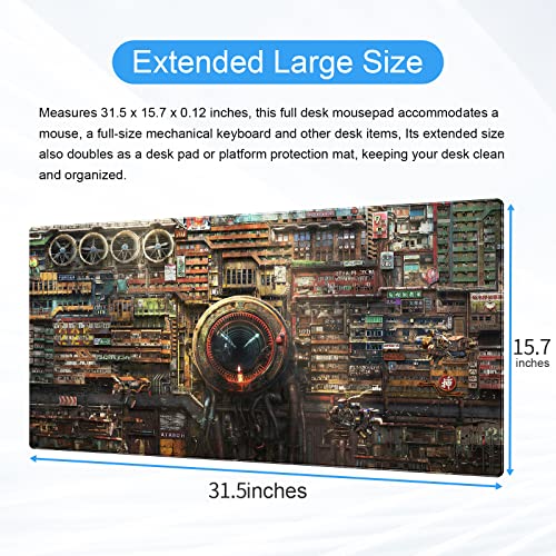 Cyberpunk Mech Desk Mat, Sci-Fi City Large Gaming Mouse Pad | Industrial steampunk city desk pad with thick 3mm cushion, smooth cloth top, and anti-slip backing. - color: Futuristic Art