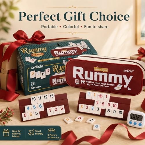 Smilejoy Rummy Cube 6 Players Edition, Full Size Travel Rummy Game Set with Travel Portable Canvas Bag,Classic Board Game for Adults and Kids |160 Tiles | 6 Playing Racks |1 Timing | (2-6 Player) - style: Large (2-6 player)