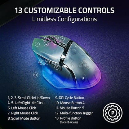 Razer Basilisk V3 Pro 35K Wireless Gaming Mouse, Phantom White | HyperScroll Tilt Wheel, 35K DPI Optical Sensor Gen 2, 13 Customizable Controls, RGB, Optical Switches Gen 3, 140 Hr Battery - color: Phantom White