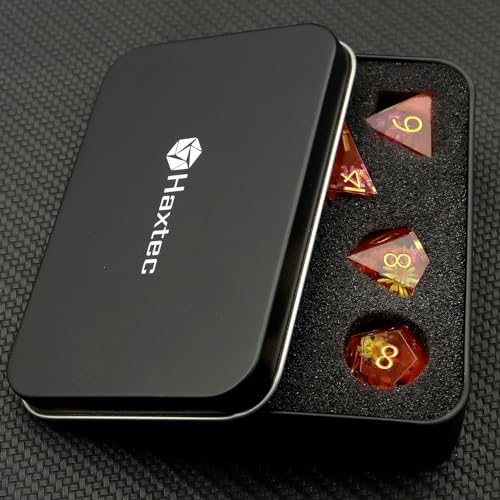Haxtec Flower DND Dice Set, Orange Sharp Edge Resin Polyhedral Dice | Floral D&D Dice with Metal Case, Handmade Plant Inside, Dungeons and Dragons, TTRPG DND Gifts - color: Orange
