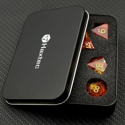 Haxtec Flower DND Dice Set, Orange Sharp Edge Resin Polyhedral Dice | Floral D&D Dice with Metal Case, Handmade Plant Inside, Dungeons and Dragons, TTRPG DND Gifts - color: Orange