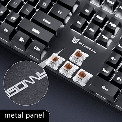 Merdia Brown Switch Black Full Size Mechanical Gaming Keyboard | 104 Keys US Layout Ice Blue Backlit Wired PC Gaming Keyboards | Hot Swappable LED Backlit Wired Mechanical Computer Keyboards - color: Brown Switch Black