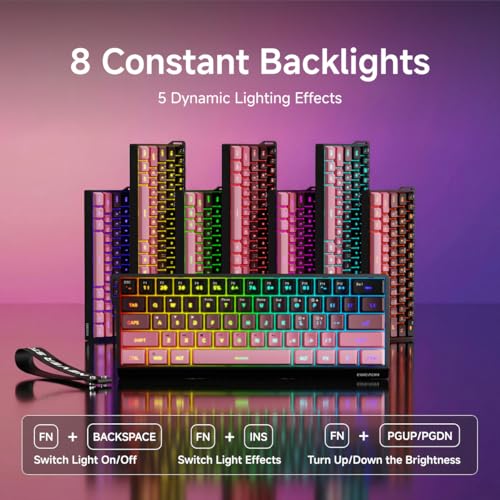 SEUNKWANG F61 60% Gaming Keyboard Wired, RGB Backlit Membrane Keyboard with PBT Keycaps, Compact Design, Lanyard Wired Keyboard for Mac/Win (Black Pink, Wired) - color: Black Pink