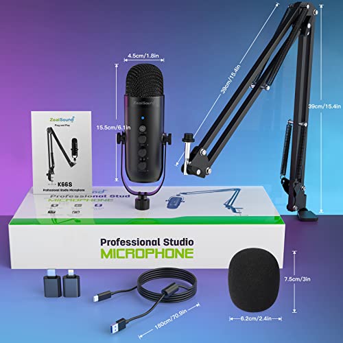 ZealSound Podcast Microphone with Boom Arm, USB Mic with Noise Reduction, Mute, Echo & Volume Control, Zero-Latency Monitoring, Compatible with PC Mac iPhone & Android, for Podcasting Gaming YouTube - color: Black