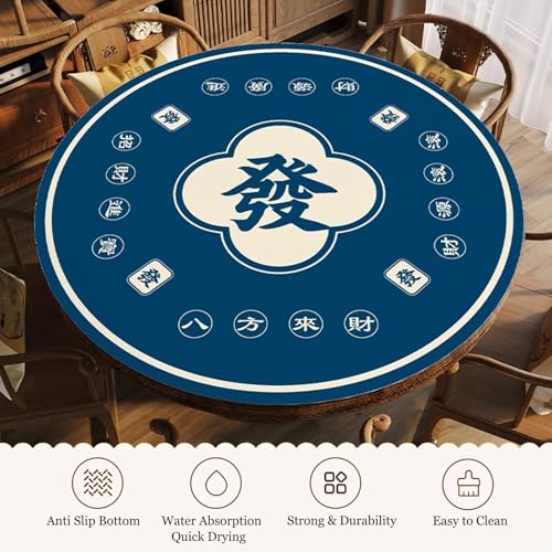 Blue Round Mahjong Mat with Carrying Bag, Anti Slip Noise Reduction Poker Card Board Tile Games Polyester Table Cover(Blue-3,23.62x23.62 in) - color: Blue-3, size: 23.62x23.62 in