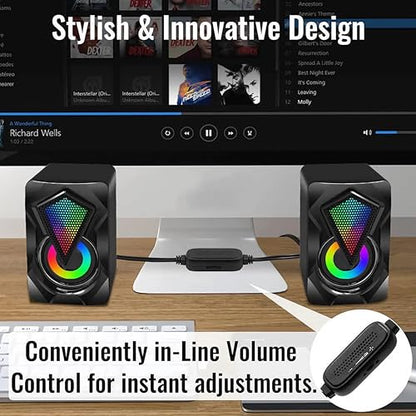 Computer Speakers X2 Wired PC Speaker 2.0 USB Gaming Powered Stereo Mini Multimedia Volume Control with RGB Lights 3.5mm Aux Input for Phone Tablets Desktop Laptop