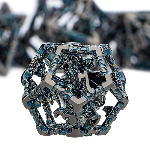 ARUOHHA Hollow DND Dice Set Black Blue Metal Dragons D and D Dice with Gift Box, Role Playing Games 7PCS RPG Dungeons Polyhedral Dice Set D20 D12 D10 D8 D6 D4 - color: Black Blue