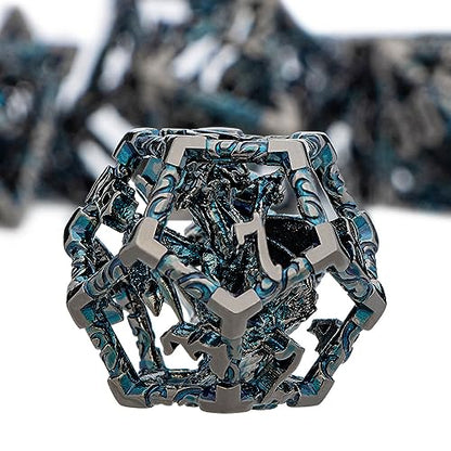 ARUOHHA Hollow DND Dice Set Black Blue Metal Dragons D and D Dice with Gift Box, Role Playing Games 7PCS RPG Dungeons Polyhedral Dice Set D20 D12 D10 D8 D6 D4 - color: Black Blue