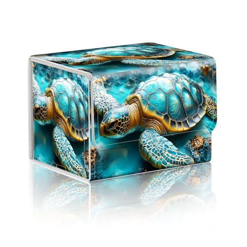 Trading Card Storage Box, Holds 100+ for MTG Cards, PU Leather with Magnetic Closure, Golden Blue Sea Turtle Fantasy Durable Deck Box for Magic the Gathering, Trading Card Games - color: Golden Blue Sea Turtle Fantasy