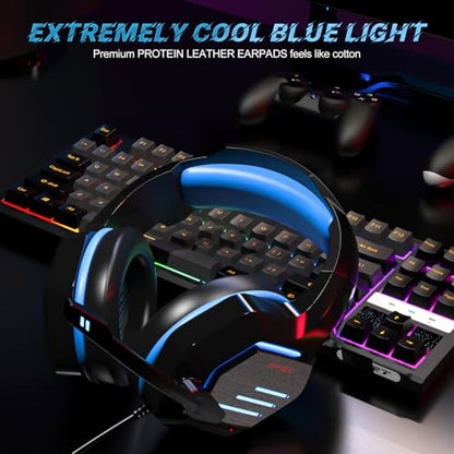 NPET H022 Blue Gaming Headset - Noise Cancelling Over-Ear Headphones with Mic, LED Lights, Bass Surround Sound for PS5, PS4, Xbox One, PC & Controller