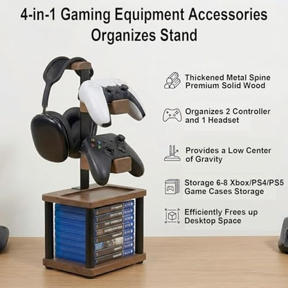 Solid Wood Headphone Stand & Controller Holder with Video Game Storage Base | 4-in-1 Gaming Equipment Accessories for Xbox one/PS5/PS4 Controller - Save Desk Space for Gamer Room and Decor Gift for Men