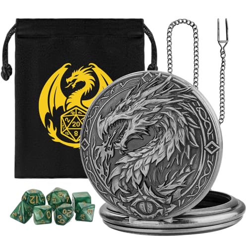 Mini DND Dice Set, 7-Piece Polyhedral Acrylic D&D Dice, with Steampunk Dragon Large Pocket Watch Case, DND Gift Bag with Dragon Logo, Role Play Board Game Accessories, Dark Silver + Green - color: Silver + Green