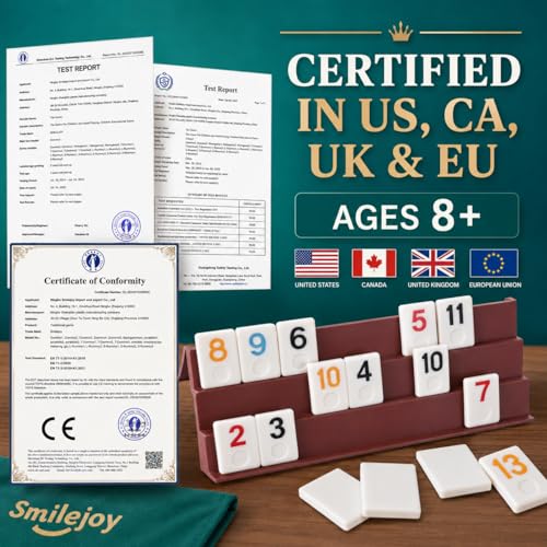 Smilejoy Rummy Cube 8 Players Edition, Full Size Travel Rummy Game Set with Travel Portable Canvas Bag,Classic Board Game for Adults and Kids |214 Tiles | 8 Playing Racks |1 Timing | (6-8 Player) - style: Large (6-8 player)