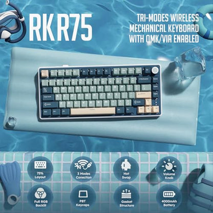 RK ROYAL KLUDGE R75 Wireless Mechanical Keyboard, 75% Percent Custom Gaming Keyboard Gasket Mount RGB Backlit with Knob & PBT Keycaps, BT5.1/2.4GHz/USB-C, Hot Swappable Cream Switch - color: Blue
