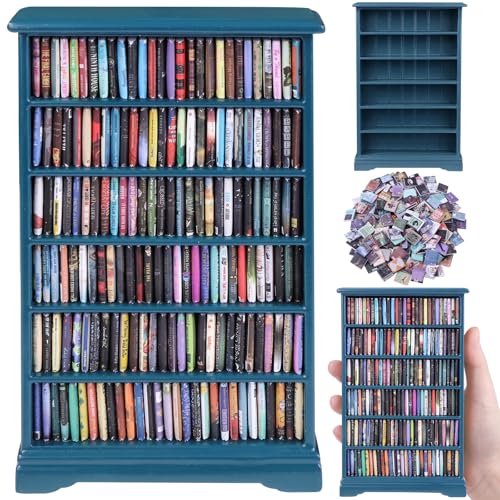 Mini Bookshelf with 180pcs Mini Books Miniature Blue Bookshelf Ornament | Tiny Small Bookshelf Dollhouse Decor Shake Away Your Anxiety for Book Lovers Gift Home Room Office - style: Mini Books with Blue Bookshelf
