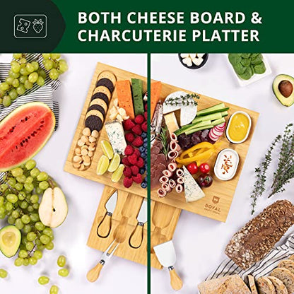 ROYAL CRAFT WOOD Bamboo Cheese Board and Knife Set with Charcuterie Board & Serving Tray with 4 Stainless Steel Knife & Thick Wooden Server with Bowls and Serveware Accessories - style: 1-4 Guests