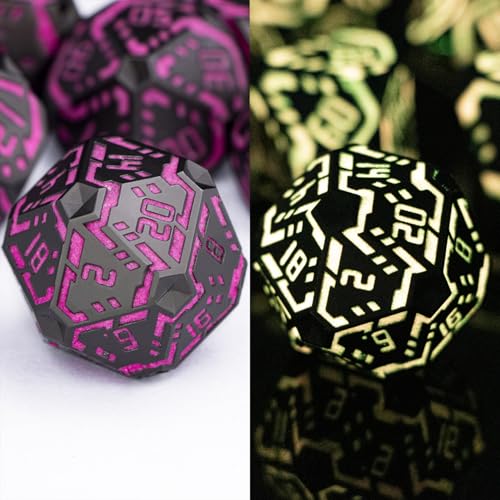 Metal DND Sci-fi Dice Set 7PCS Luminous Pink Stripe Polyhedral Dice for Dungeons Dragons RPG Role Playing Game, Glitter D and D Dice with Gift Box D6 D8 D10 D12 D20 - color: Nightlight - Pink