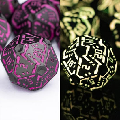 Metal DND Sci-fi Dice Set 7PCS Luminous Pink Stripe Polyhedral Dice for Dungeons Dragons RPG Role Playing Game, Glitter D and D Dice with Gift Box D6 D8 D10 D12 D20 - color: Nightlight - Pink