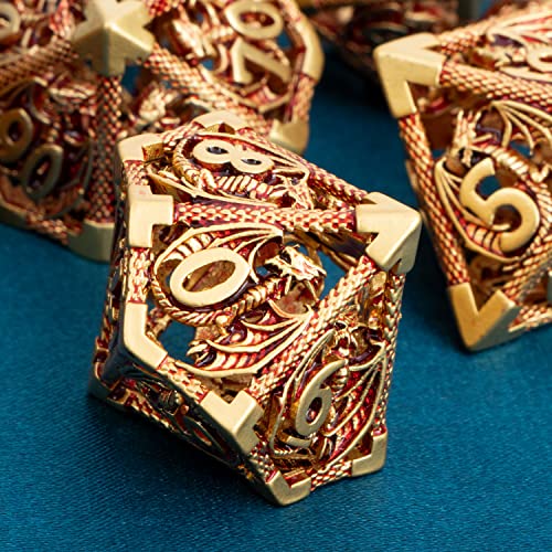 ARUOHHA Hollow DND Metal Dice Set Golden Red Dragons D and D Dice, RPG Role Playing Games Dungeons Polyhedral Dice with Gift Box D20 D12 D10 D8 D6 D4 - color: Golden Red
